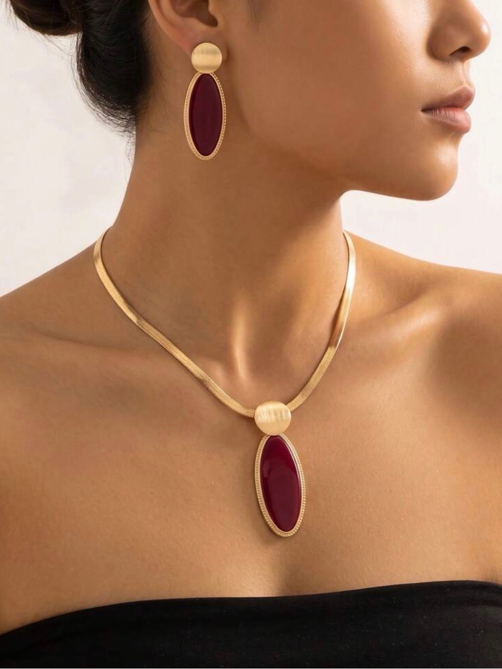 Gold Necklace and Earring Set with Burgundy Oval Stone - Women Jewelry